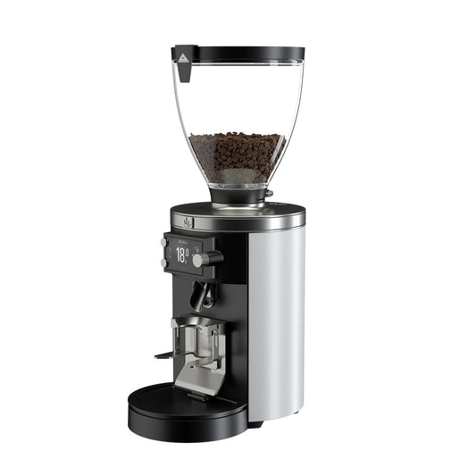 White Mahlkönig E80W GbS grinder from a side angle view