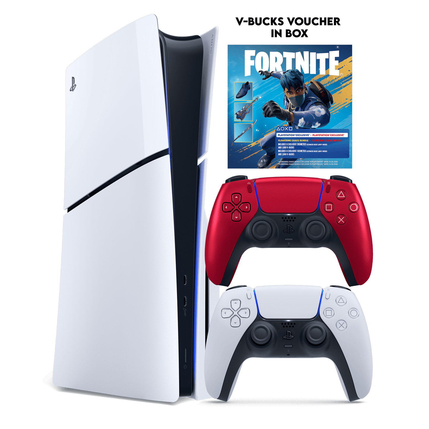 PS5 Slim + Fortnite Flowering Chaos (Voucher) + PS5 Dual Sense Volcanic Red - KOODOO