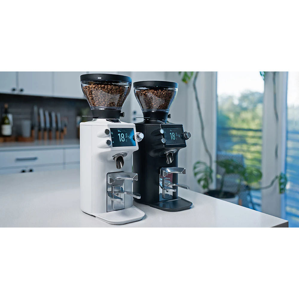 Black & White Mahlkönig E64 WS GbS Home Espresso Grinder in kitchen from an angle