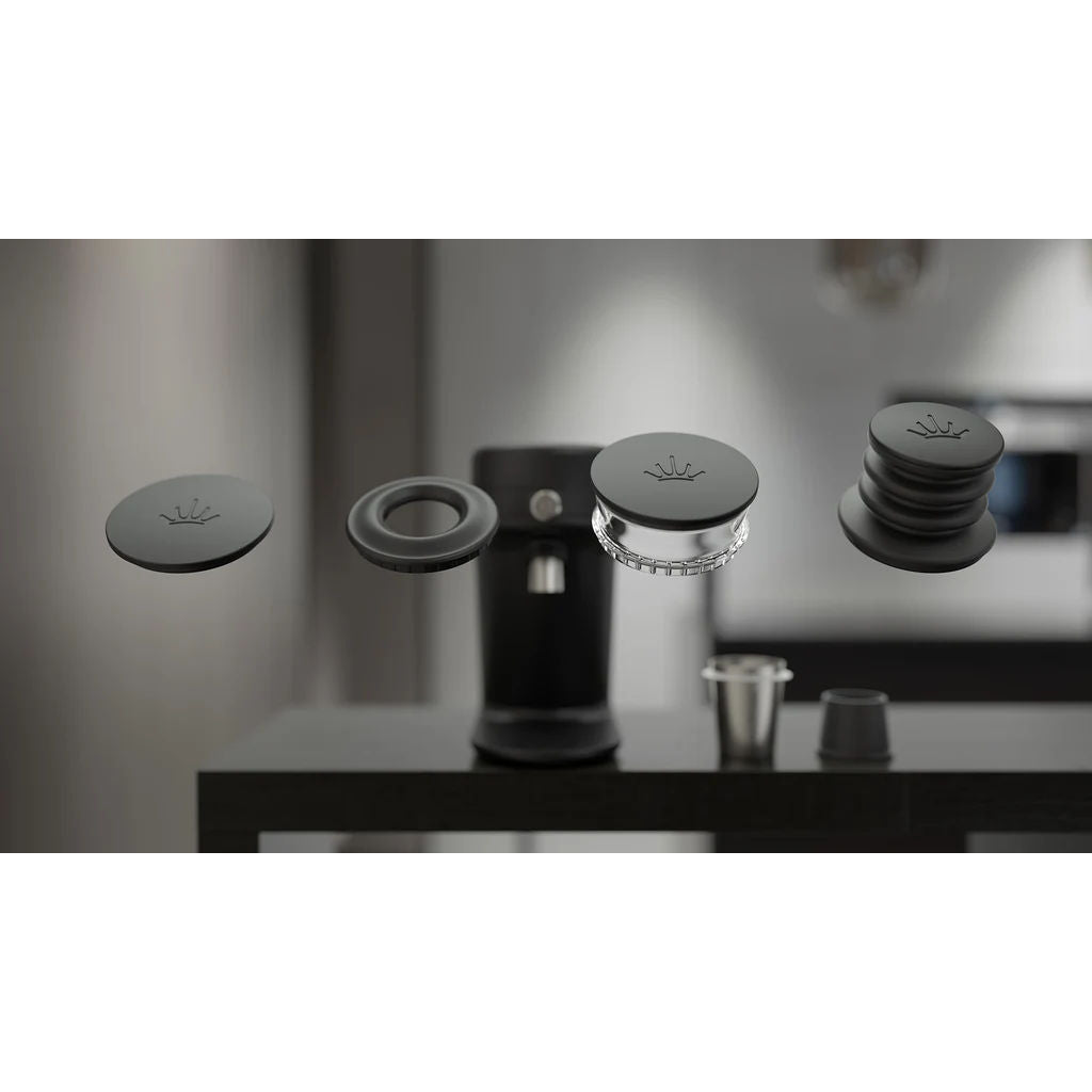 Included hoppers and bellows with Mahlkönig X64 SD espresso grinder in the background