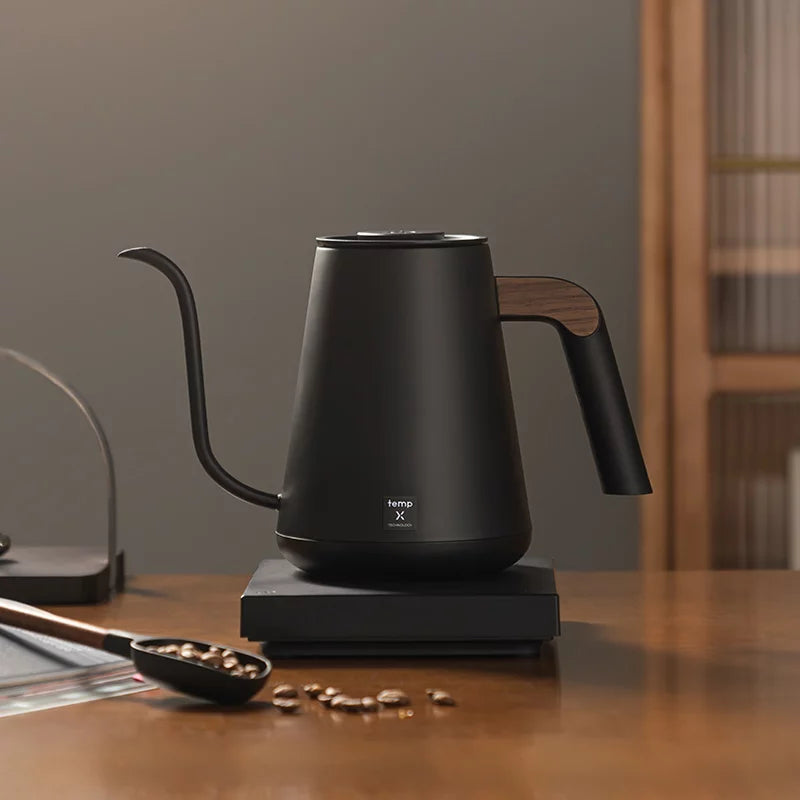 Timemore Fish Pro X Variable Temperature Kettle on base — front view showing TempX branding and wooden handle