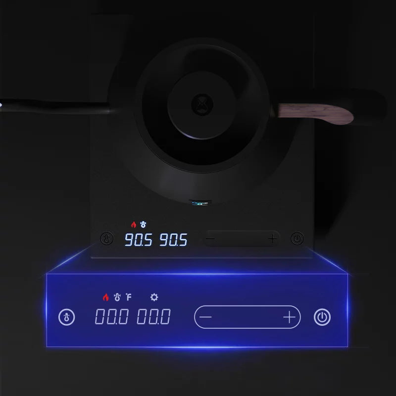 Timemore Fish Pro X dual LED display showing real-time and target temperature at 90.5°C