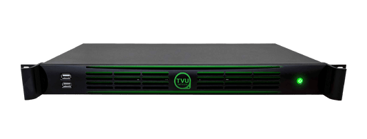 TVU VS3550 rack-mount (1U) high-power server with dual internal power supplies and SMPTE 2110 I/O.