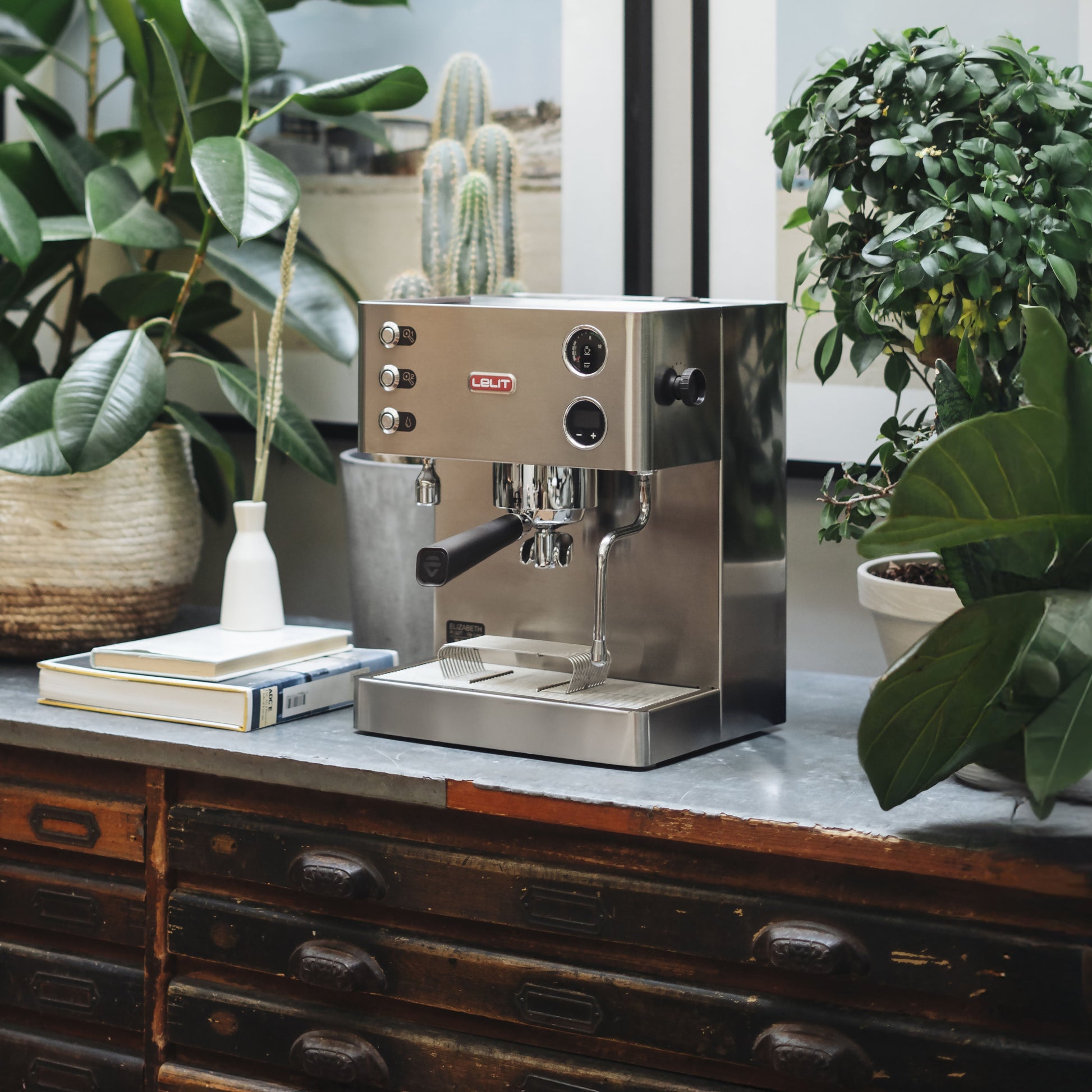 Lelit Elizabeth V3 PID domestic espresso machine on a wooden counter with plants