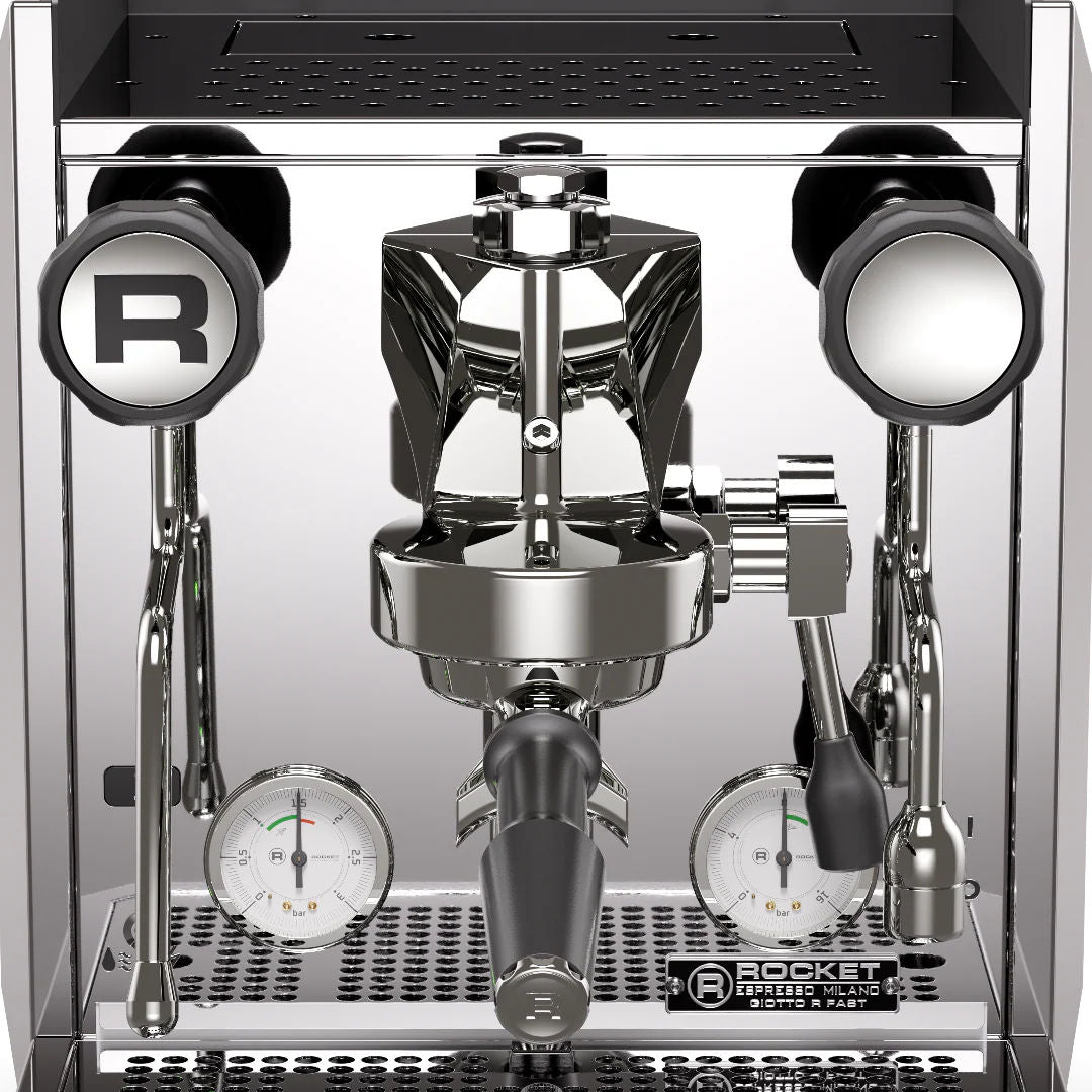 Close up view of the Rocket Fast Giotto R Espresso Machine with portafilter