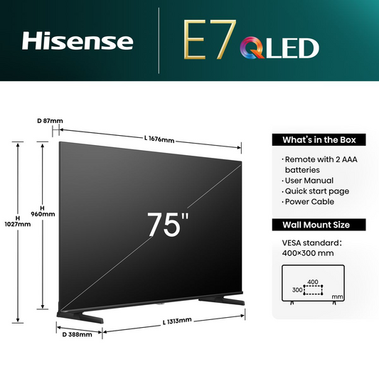 Hisense 75E7N 75" 4K UHD QLED Smart TV with Quantum Dot & Dolby Vision